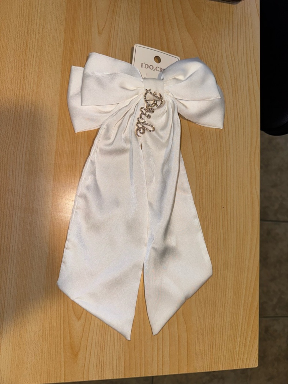 White Satin Bow Hair Clip with 'Bride' Charm